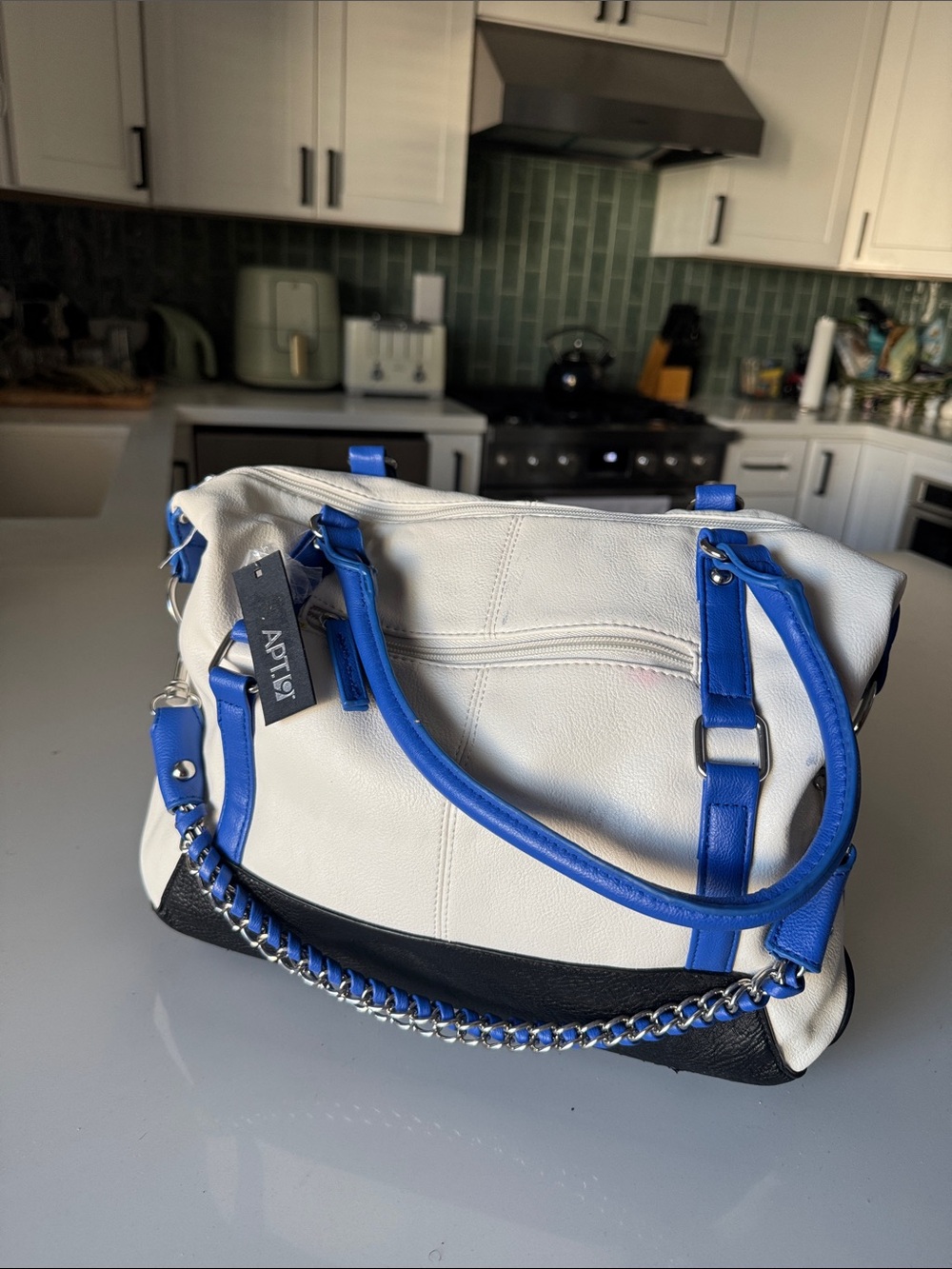 Apt. 9 White Satchel with Blue Handles and Black Base